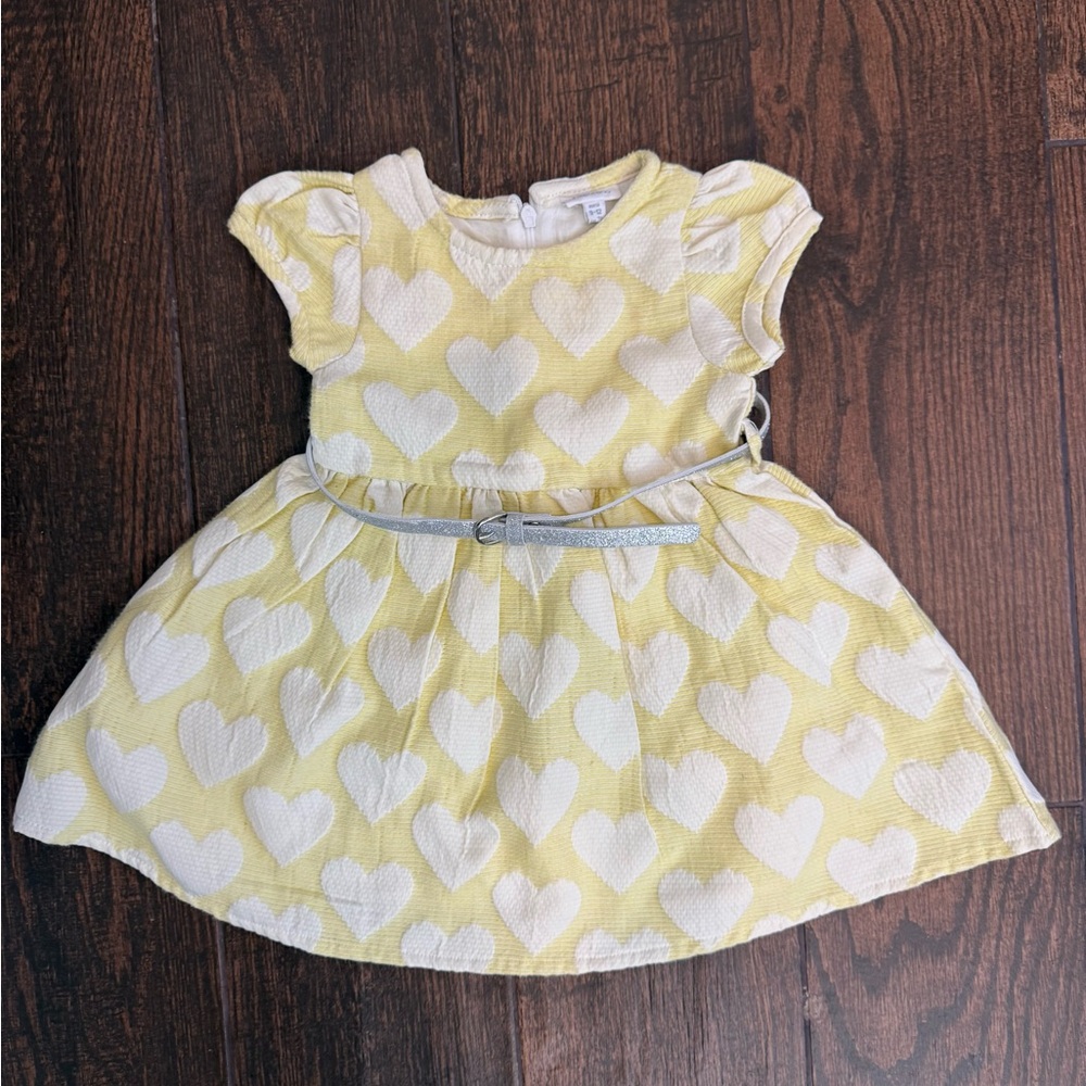 Yellow and White Flutter Sleeve A-Line Sundress with hear design and belt
